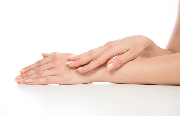 Beautiful woman hands with french manicure nails — Stock Photo, Image