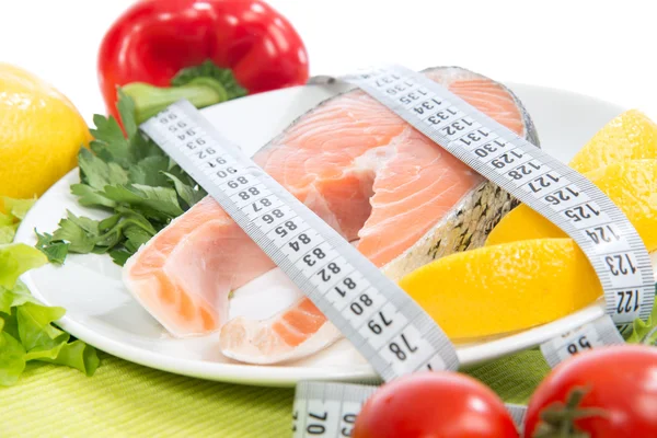 Diet weight loss concept. Fresh salmon steak for lunch — Stock Photo, Image