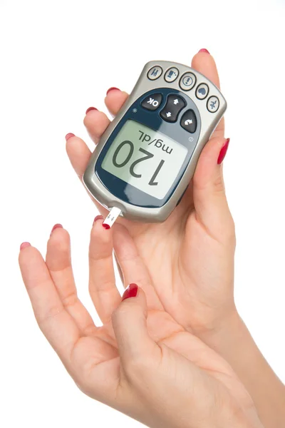 Diabetes measuring glucose level blood test with glucometer — Stock Photo, Image