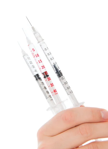 Mão de médico com seringas de insulina médica prontas para injeção — Fotografia de Stock