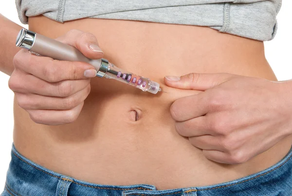 Abdomen subcutaneous insulin syringe pen injection — Stock Photo, Image