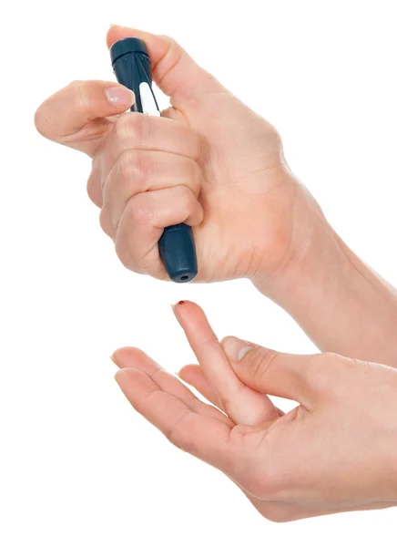 Diabetes Diabetiker Konzept Fingerspitzengefühl Messung des Blutspiegels — Stockfoto