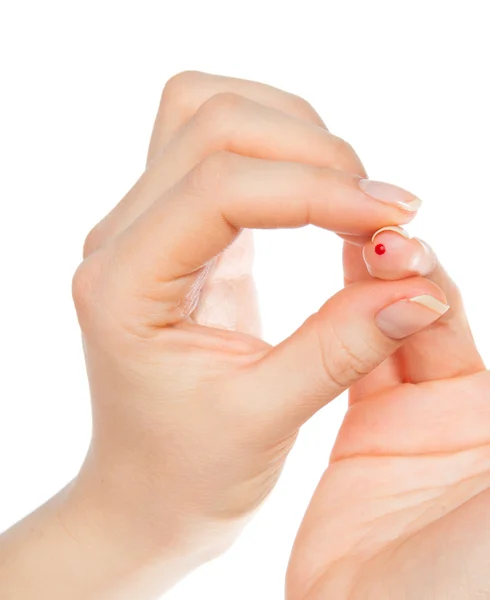 Diabetes-Hand-Stachelfinger und kleine Blutproben auf Glukose — Stockfoto