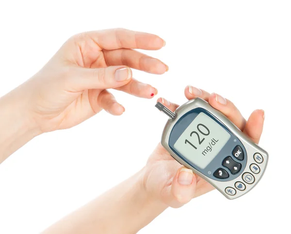 Diabetes mäta glukos nivå blodprov Glukometer — Stockfoto