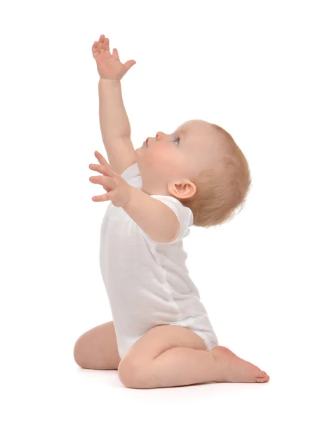 Infant child baby toddler sitting raise hands up — Stock Photo, Image