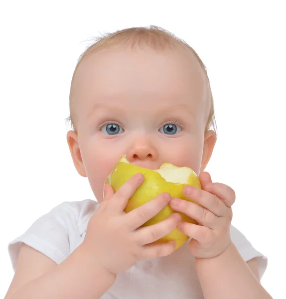 Infant child baby girl eating apple closeup — Stock Photo, Image
