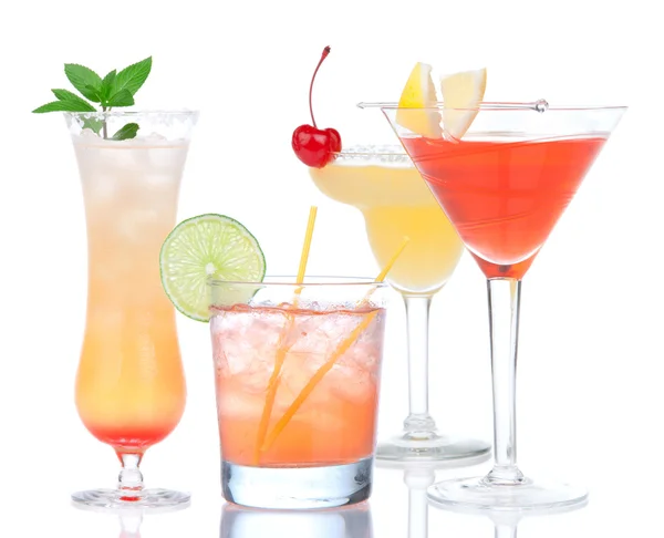 Four cocktail drinks yellow margarita cherry and tropical Martin — Stock Photo, Image