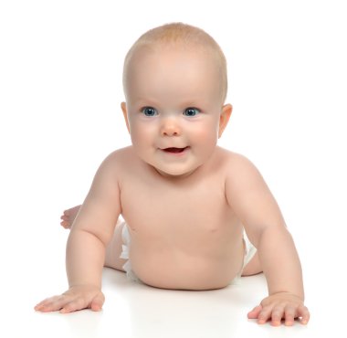 New born infant child baby boy lying happy smiling 