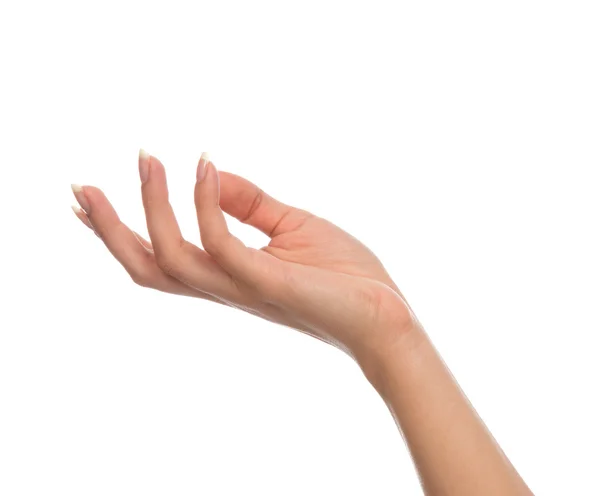 Hermosa mano femenina con manicura francesa uñas palma abierta — Foto de Stock