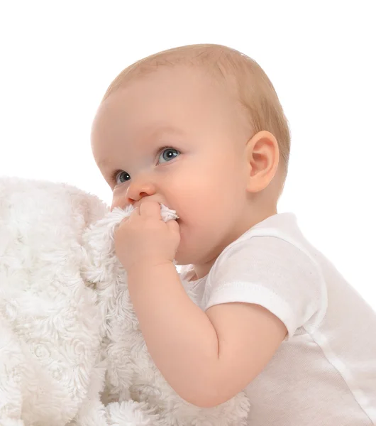 Säugling Kind Baby Kleinkind Nahaufnahme Porträt Essen weiche Decke — Stockfoto