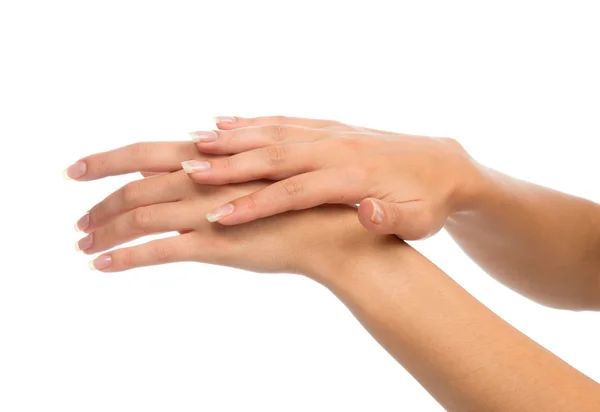 Hermosas manos de mujer con uñas de manicura francesas —  Fotos de Stock