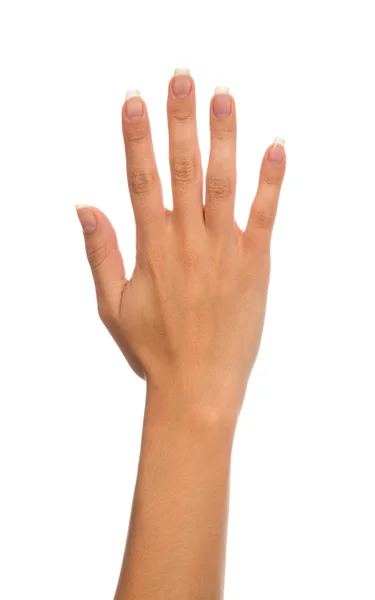 Manicura femenina gesto de la mano abierta número cinco dedos hacia arriba i — Foto de Stock