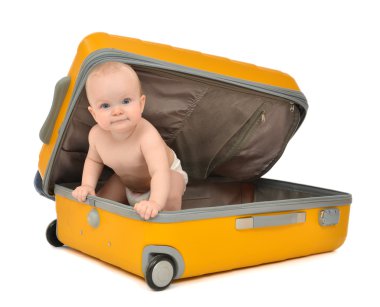 Sarı Plastik seyahat suitc oturan mutlu bebek bebek toddler