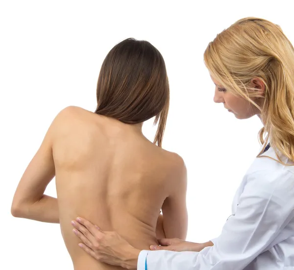 Doctor research patient spine scoliosis deformity backache — Stock Photo, Image