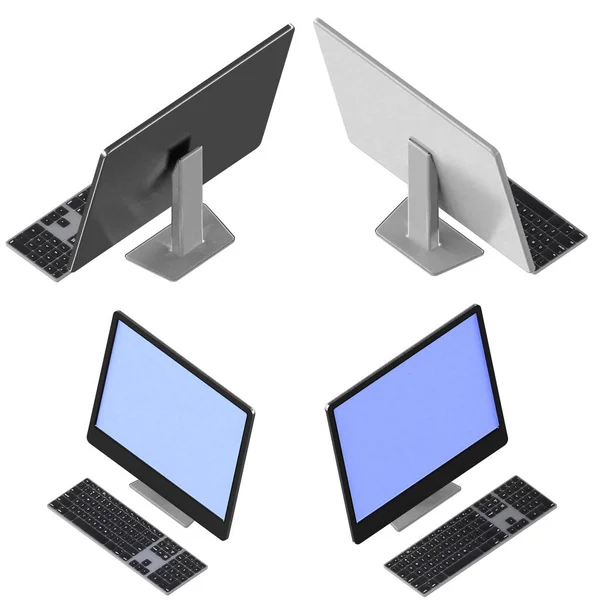 Gerenderter Desktop Computer Isoliert Vier Verschiedenen Orthographischen Ansichten Leicht Komponieren — Stockfoto