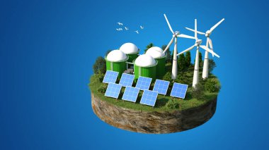 Küçük bir arazideki Yeşil Enerji tarlası. Kavramsal resim şablonu. 3B oluşturulmuş resim.