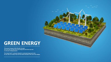 Yeşil Enerji Çiftliği, küçük kare bir arazide. Kavramsal resim şablonu. 3B oluşturulmuş resim.