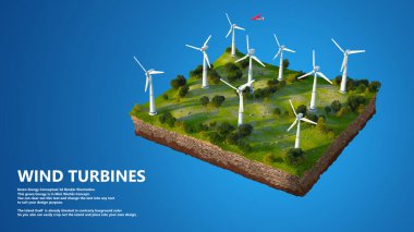 Yeşil Enerji rüzgar türbinleri plantasyon kavramsal görüntüsünü oluşturur. 3d Hazırlandı.