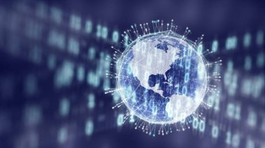 İnternet bilgi teknolojisi kavramsal görüntü veri iletimi ve bir dünya üzerinde işleme. Mavi arkaplanda.