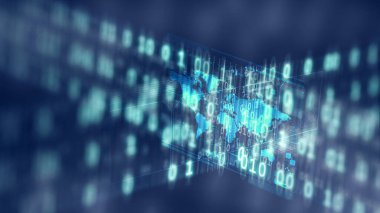 İnternet bilgi teknolojisi kavramsal görüntü veri iletimi ve bir dünya haritası üzerinde işleme. Mavi arkaplanda.