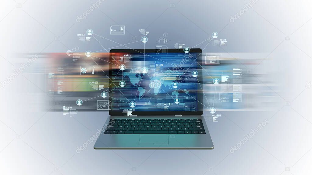 Internet social media information technology and networking conceptual image. 3d Rendering. With people icon connected and engaged in digital information.