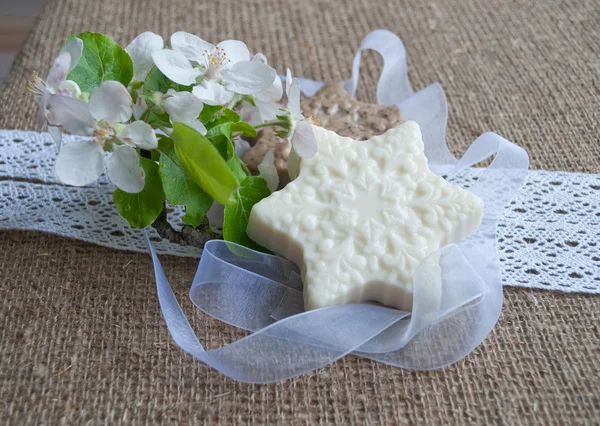 Handmade soap with flowers on sacling cloth