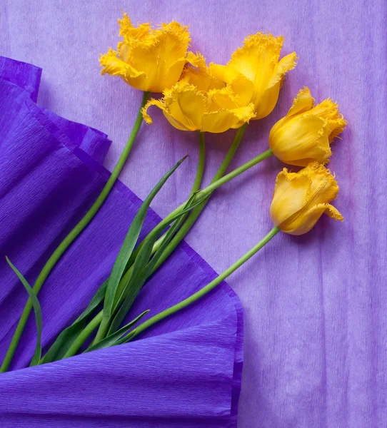 Postal con tulipanes amarillos sobre fondo violeta — Foto de Stock