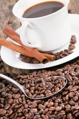 kahve fincanı kahve çekirdekleri ve kepçe ile çevrili.