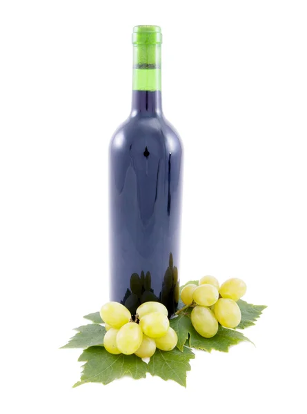 Láhev na víno hroznové listy a hrozny. — Stock fotografie