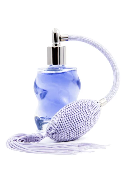 Glass perfume bottle with pump. — Stock Photo, Image