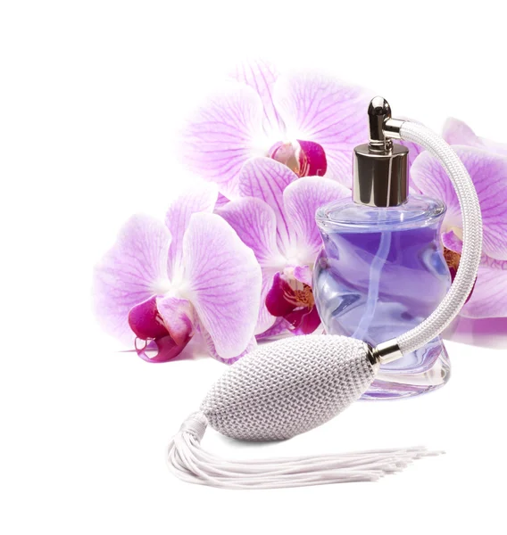 Parfémy láhev, růžové orchideje na bílém pozadí. — Stock fotografie