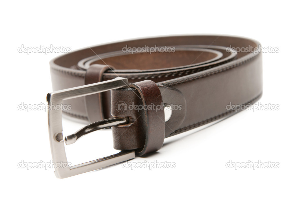 Brown leather belt with a white background.