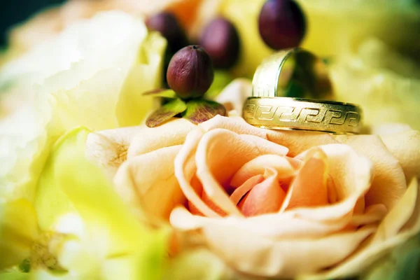 Dos anillos de compromiso entre las flores . — Foto de Stock