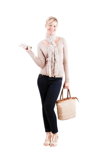 Cheerful blond attractive woman with bag. — Stock Photo, Image