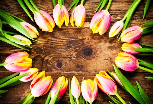 Hermosos tulipanes coloridos sobre un fondo rústico de madera . — Foto de Stock