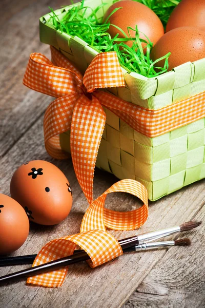 Easter eggs painted on the wooden background. — Stock Photo, Image