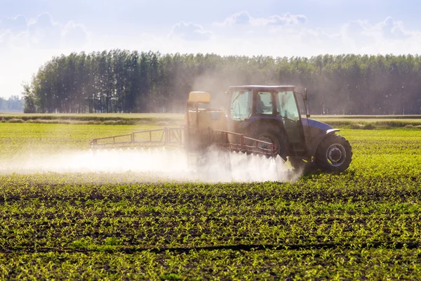 En primavera, el maíz se rocía en el tractor . Fotos De Stock Sin Royalties Gratis