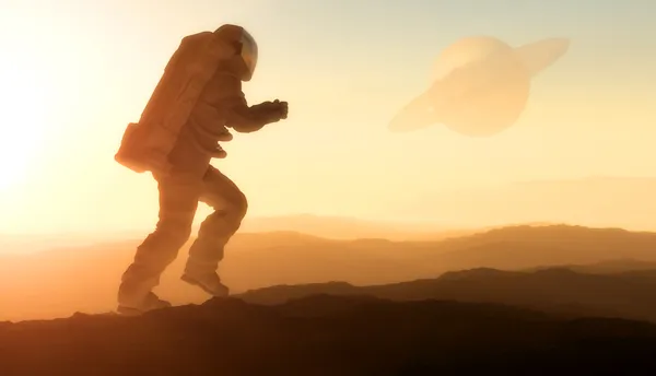 Silhueta Astronauta Contra Fundo Planeta — Fotografia de Stock