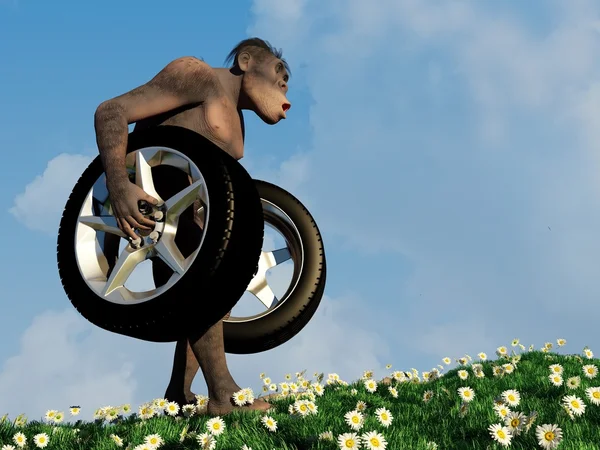Primitiv mann med hjul . – stockfoto