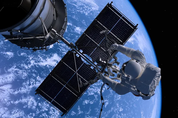 Космонавт в космосе вокруг солнечных батарей . — стоковое фото