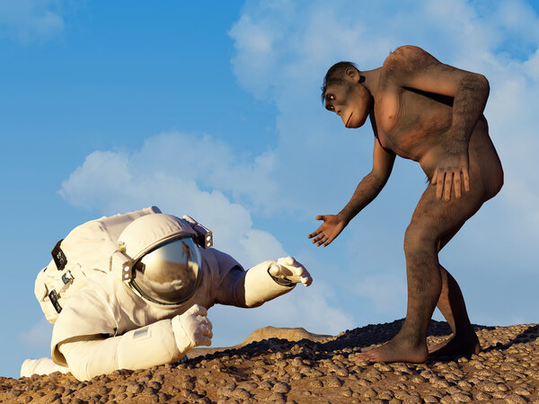 Primitive man and astronaut.
