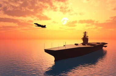 Bir savaş gemisi ve denizin bir uçakta. , 3d render