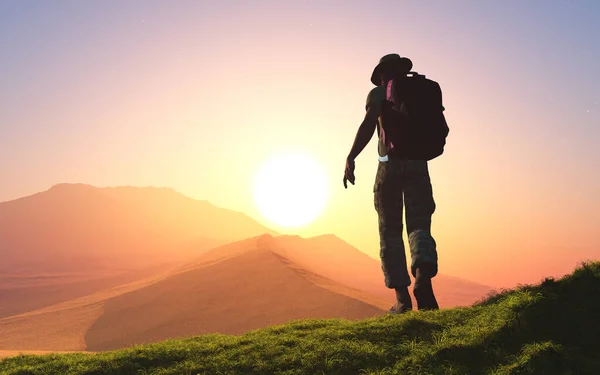 Silhouet Van Een Toerist Bij Zonsondergang Renderen — Stockfoto