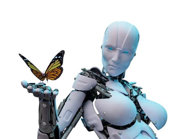 Ρομπότ Και Μια Πεταλούδα Λευκό Φόντο Καθιστούν — Φωτογραφία Αρχείου