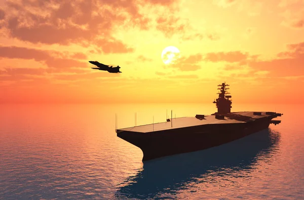 Bir savaş gemisi ve denizin bir uçakta. , 3d render