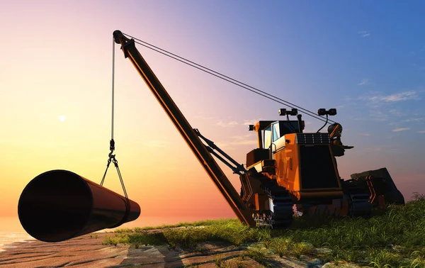 Die Baumaschine Verlegt Rohre — Stockfoto