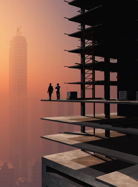 Silhouette Der Arbeiter Vor Dem Hintergrund Des Himmels Rendering — Stockfoto