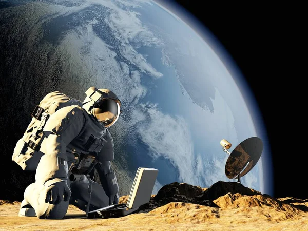 Astronaut His Knees Solar Battery Elemen Image Furnished Nasa Render — Stock Photo, Image