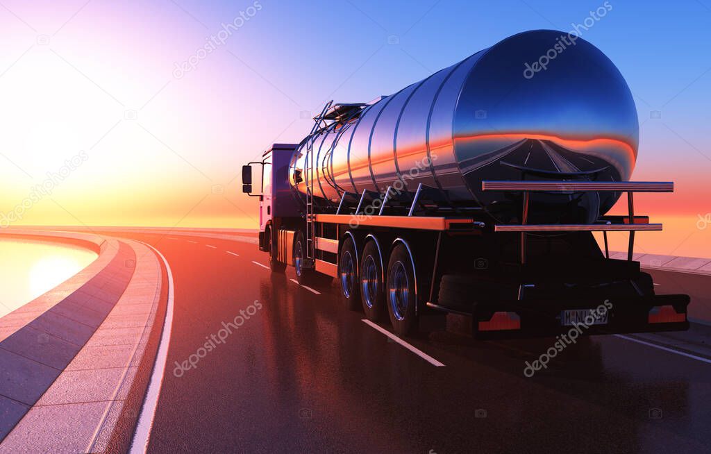 Truck driven by fuel on the road. ,3d render