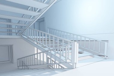 Beyaz arkaplandaki bina inşaatının grafik görüntüsü, 3d oluşturma